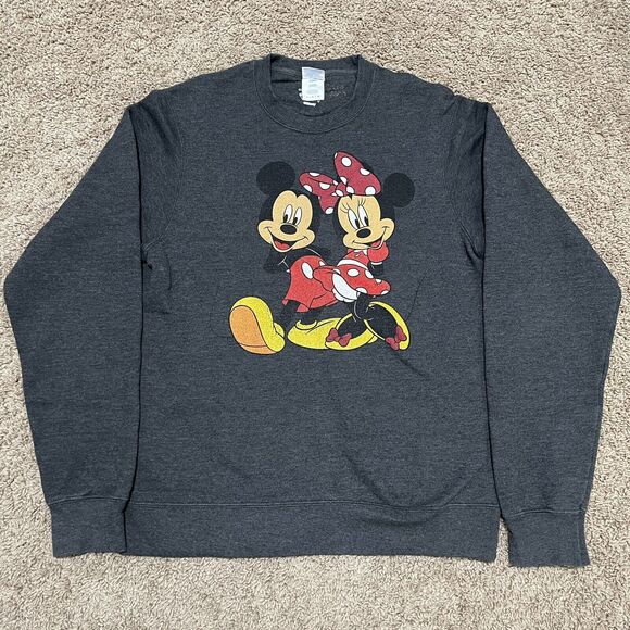 Disney Sweatshirt Womens Small Charcoal Grey Mickey and Minnie Therma Crewneck - Picture 1 of 9